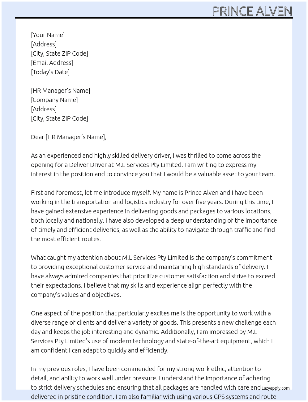 Deliver Driver At M.L Services Pty Limited Cover Letter