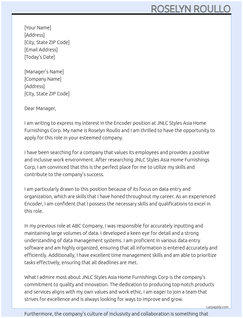 Encoder At JNLC Styles Asia Home Furnishings Corp  Cover Letter