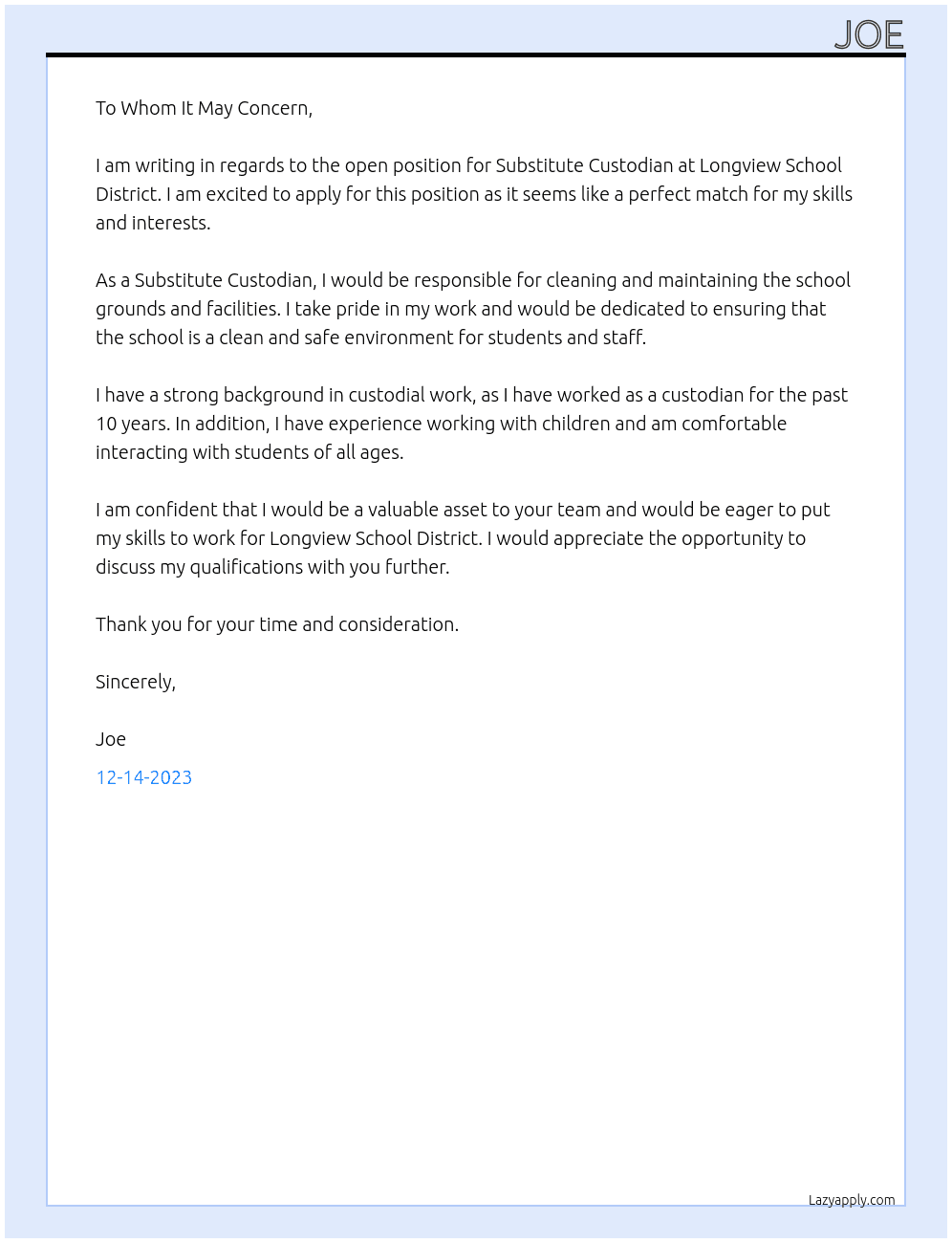 Substitute Custodian At Longview School District Cover Letter