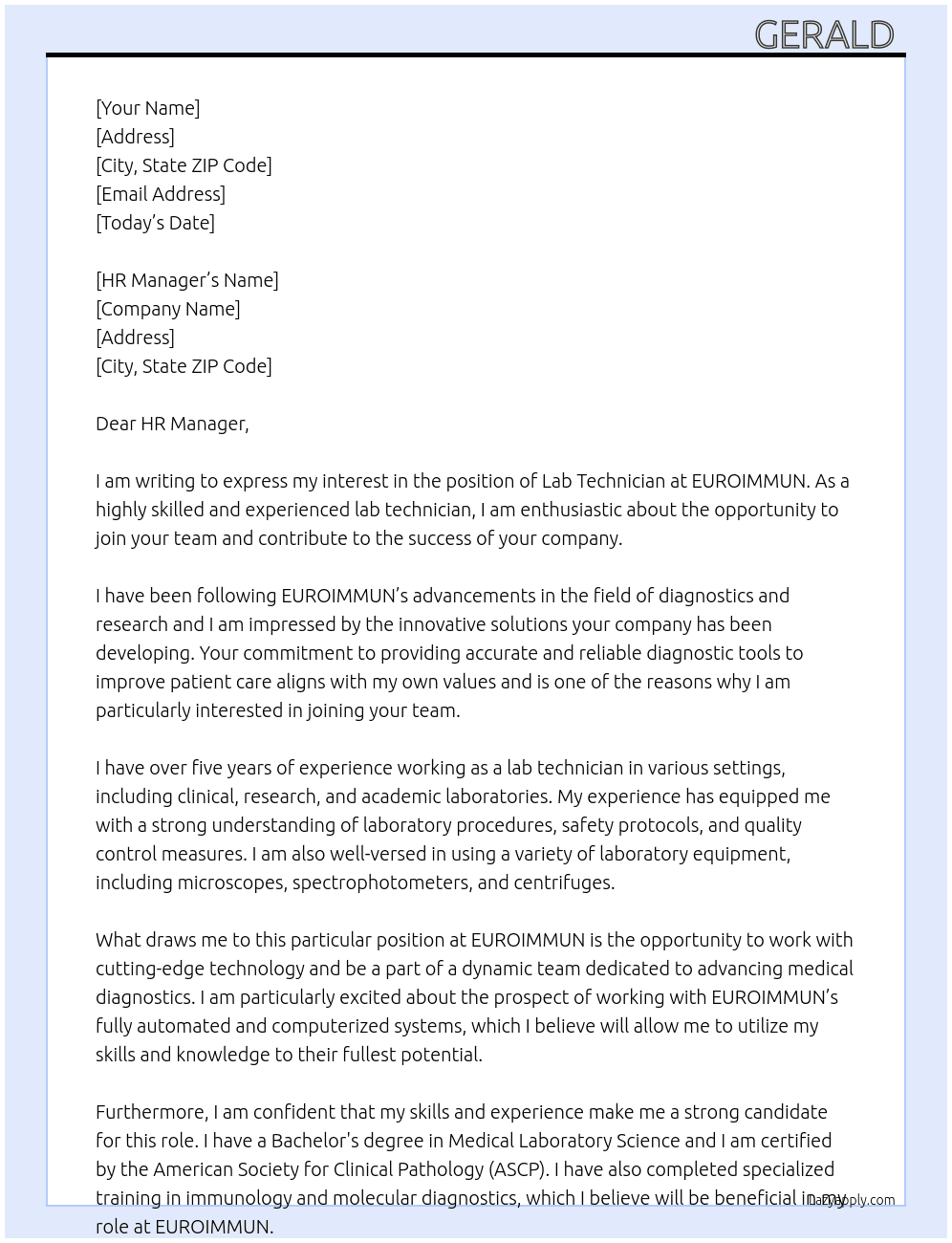 lab technician At EUROIMMUN Cover Letter