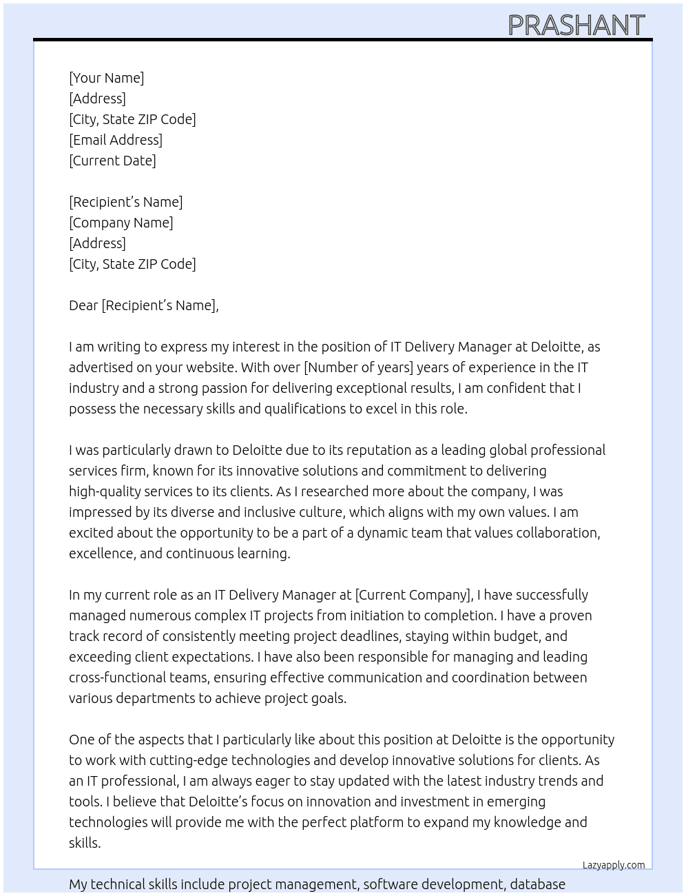 Cover letter for it delivery manager - LazyApply