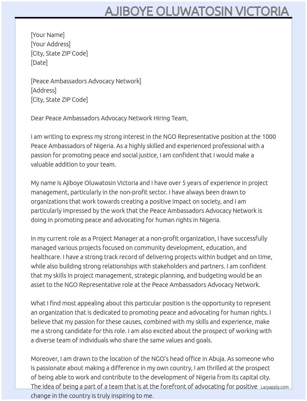 NGO representative At 1000 peace ambassador of Nigeria  Cover Letter