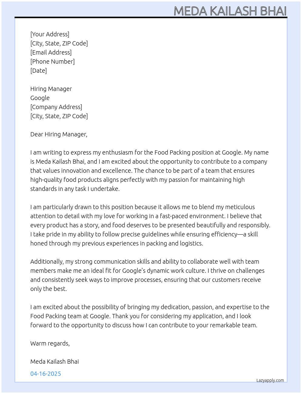 Food packing  At Google  Cover Letter