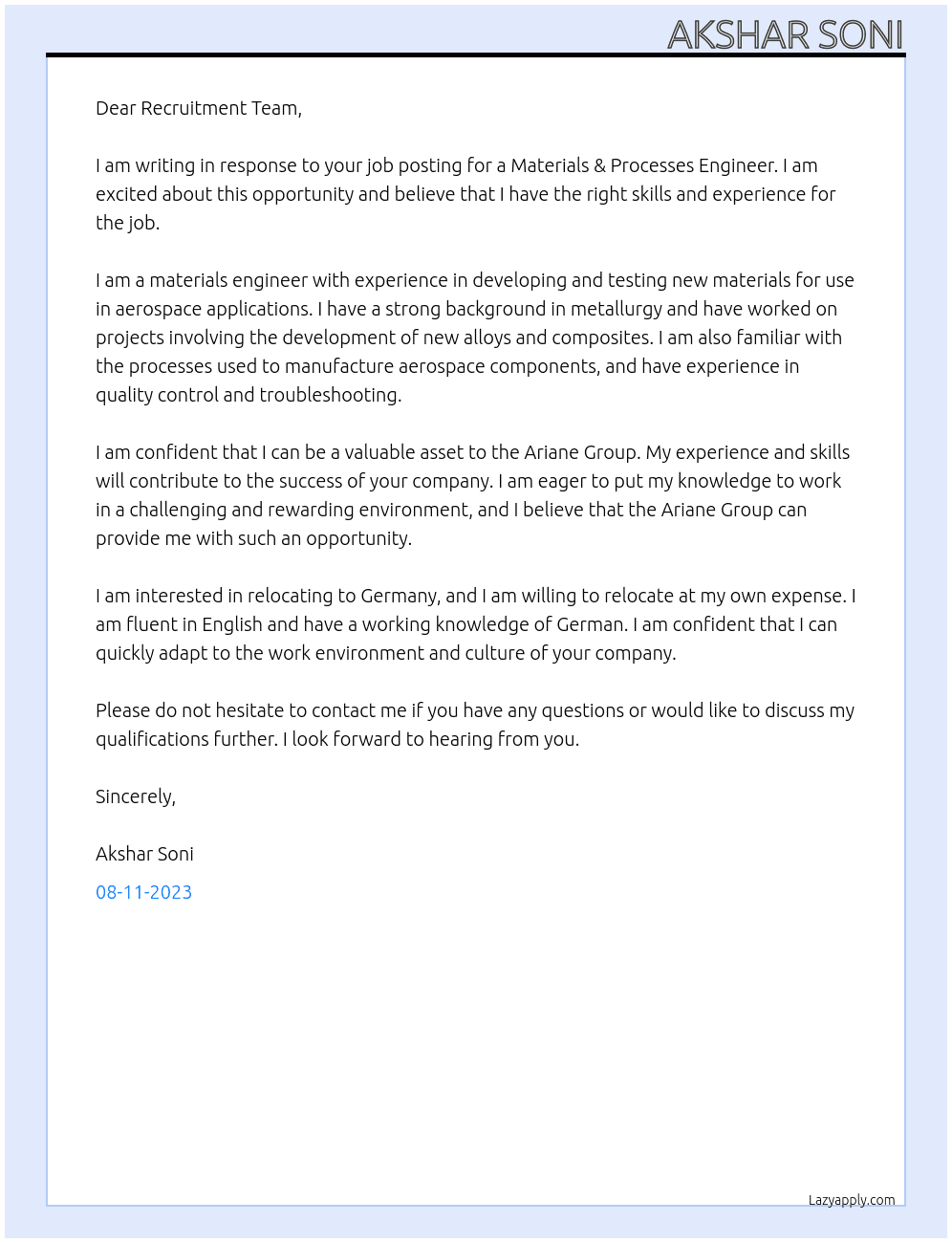 Materials & Processes Engineer At Ariane Group Cover Letter