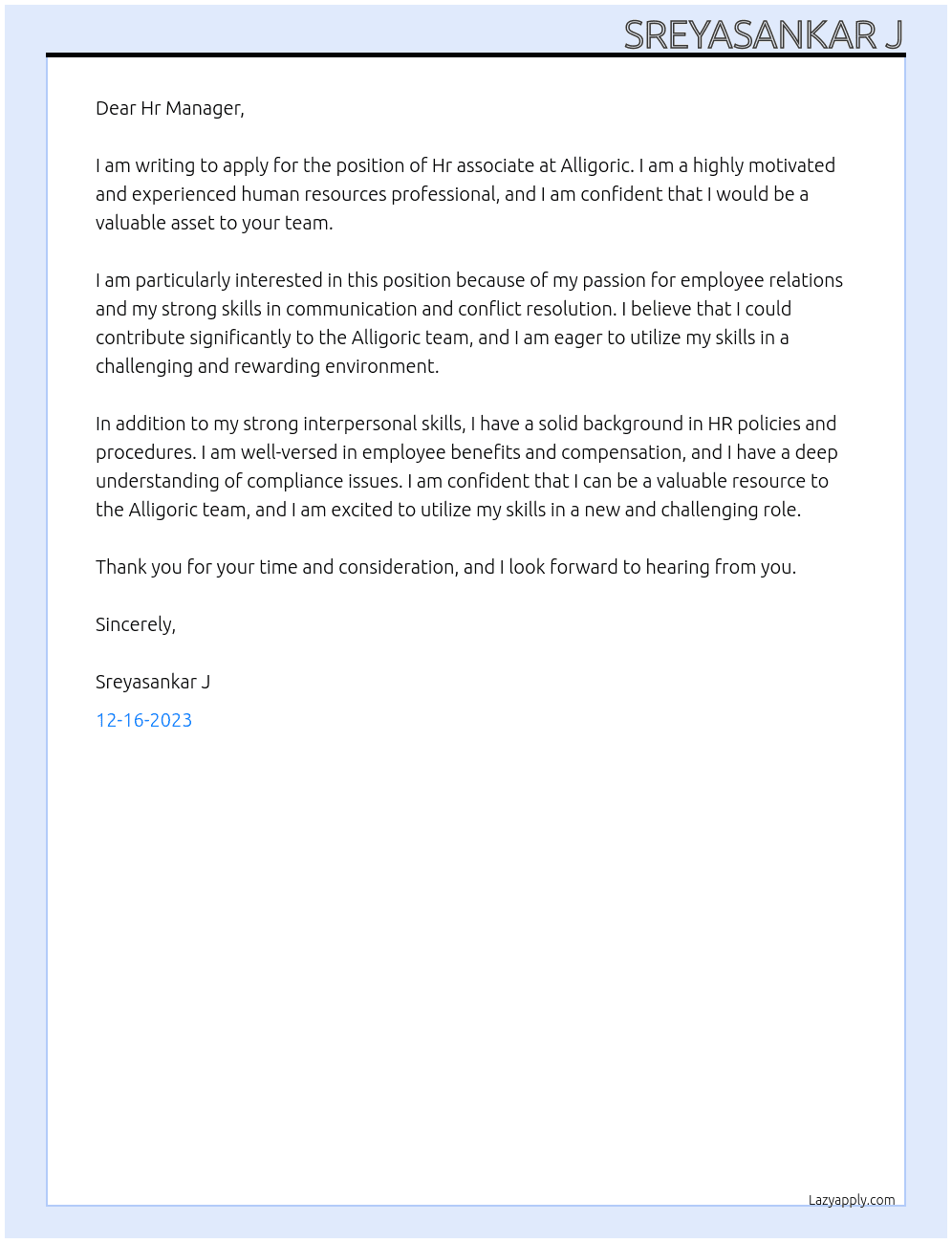 Hr associate  At Alligoric Cover Letter