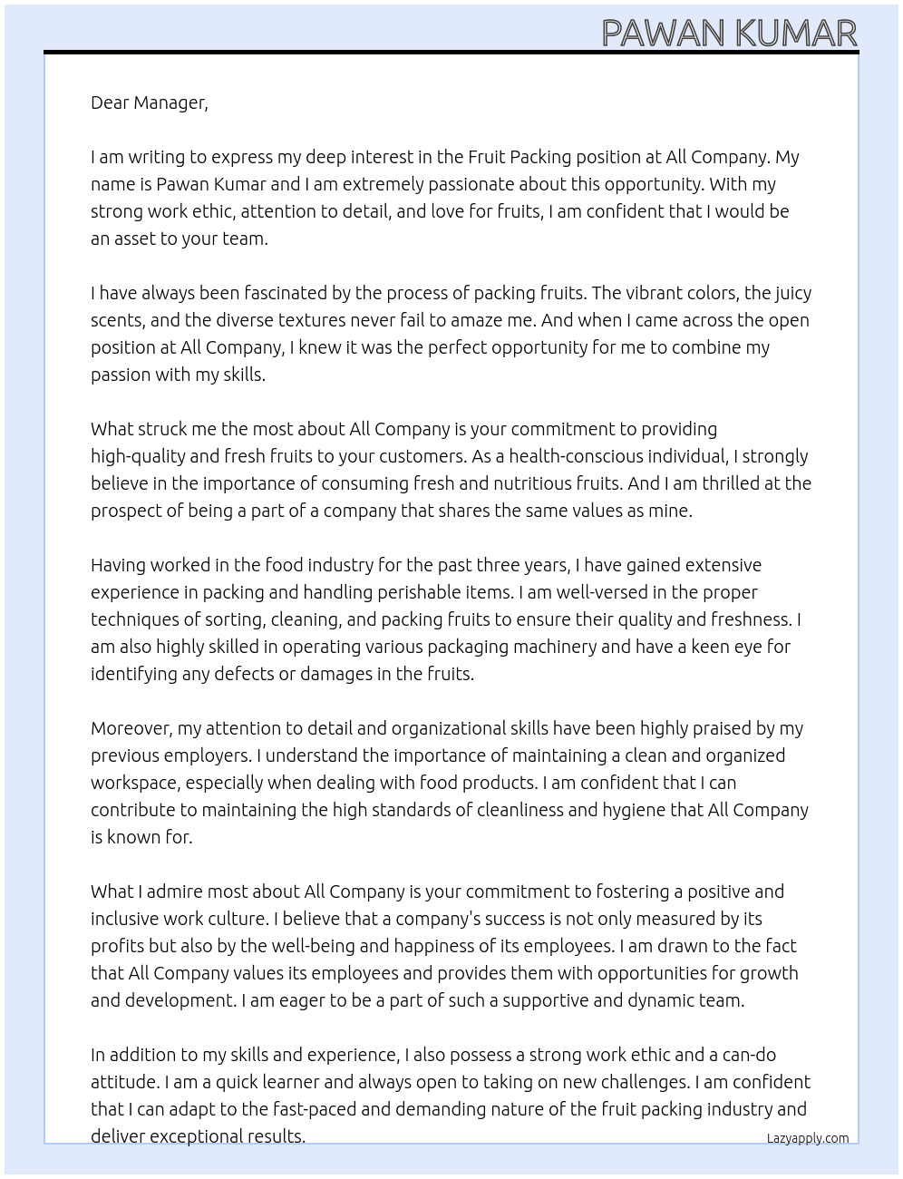 Fruit packing At All company Cover Letter