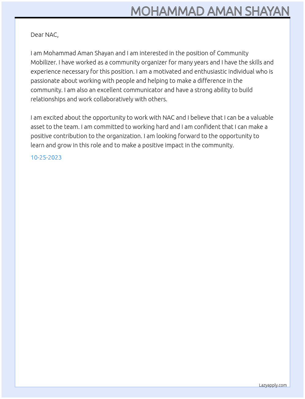 Community mobilizer At NAC Cover Letter
