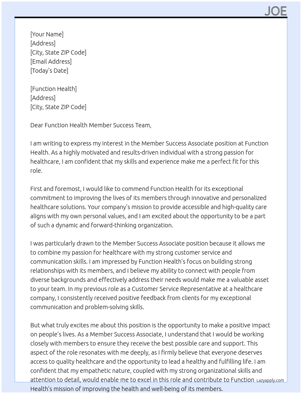Member Success Associate At Function Health Cover Letter