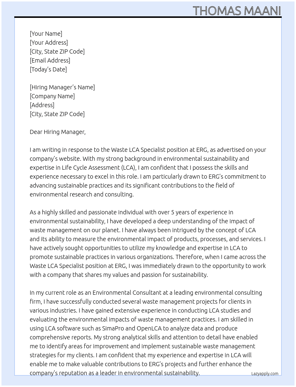 Waste LCA Specialist At ERG Cover Letter