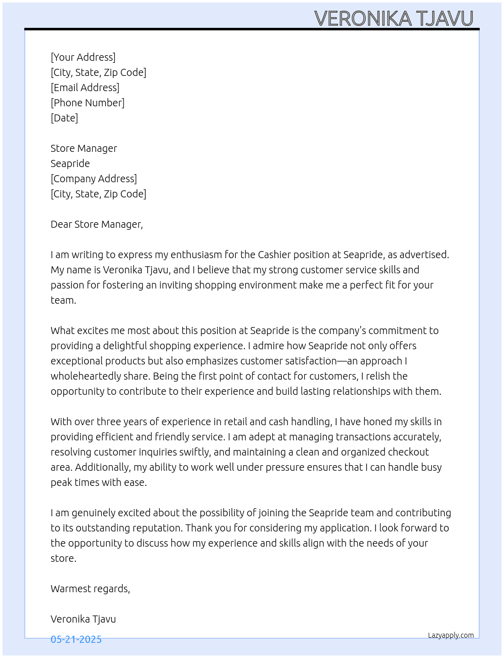 Cashier  At Seapride Cover Letter