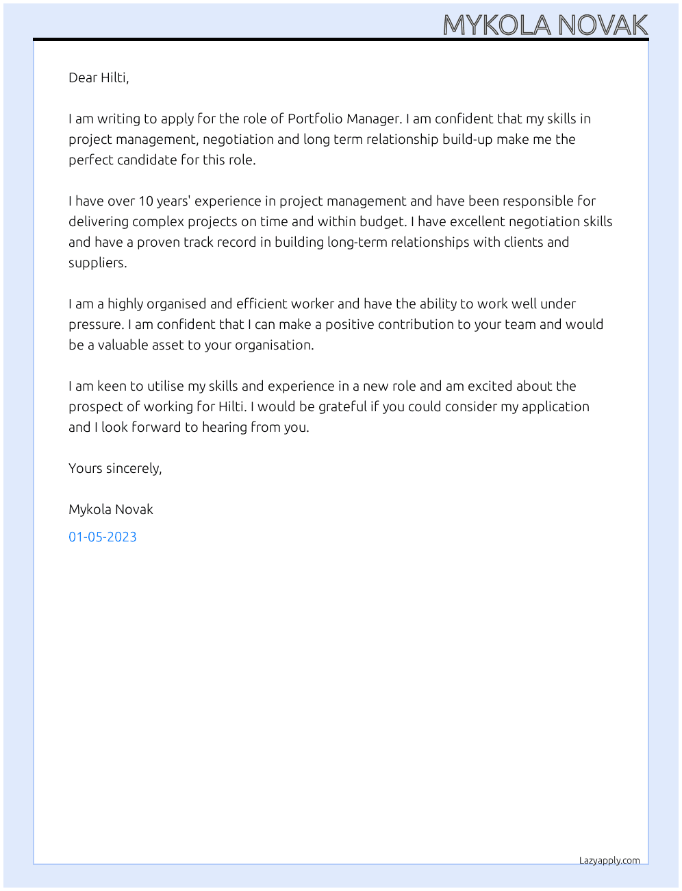 Portfolio Manager At Hilti Cover Letter