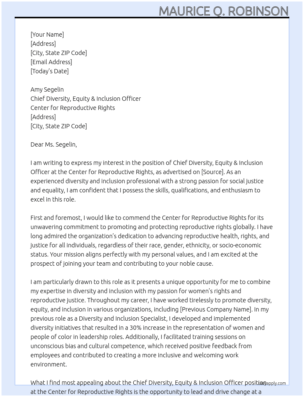 Chief Diversity, Equity & Inclusion Officer At Center for Reproductive Rights Cover Letter