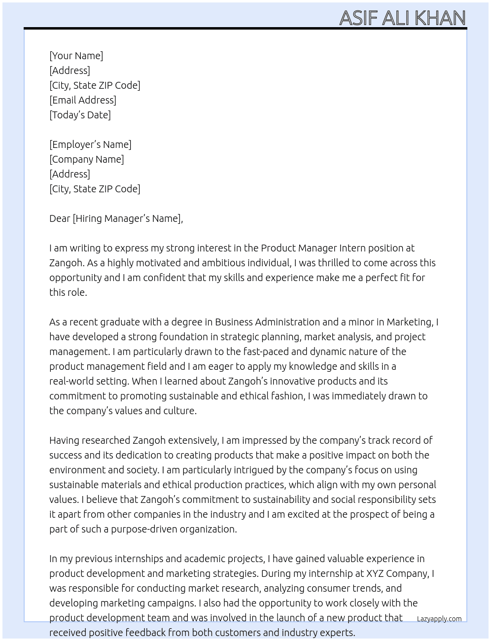 Product Manager Intern At Zangoh Cover Letter