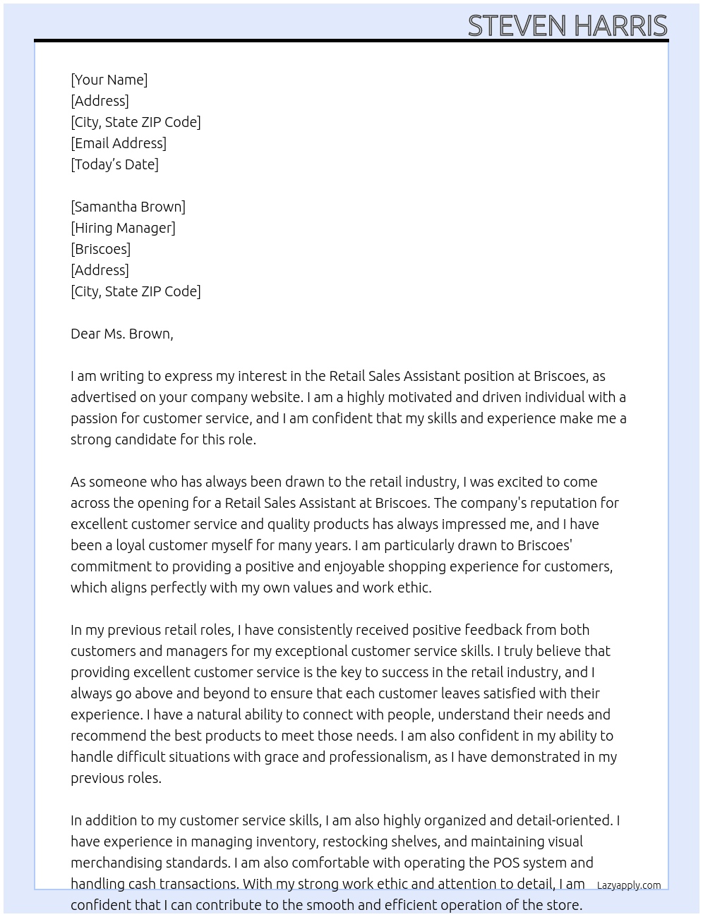 Retail Sales assistant At Briscoes  Cover Letter