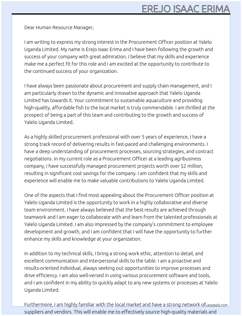 Procurement officer At Yalelo Uganda Limited Cover Letter