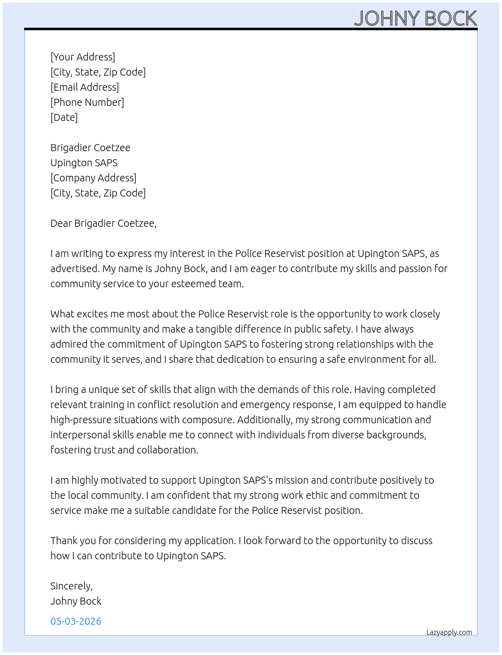 Police Reservist  At Upington SAPS Cover Letter