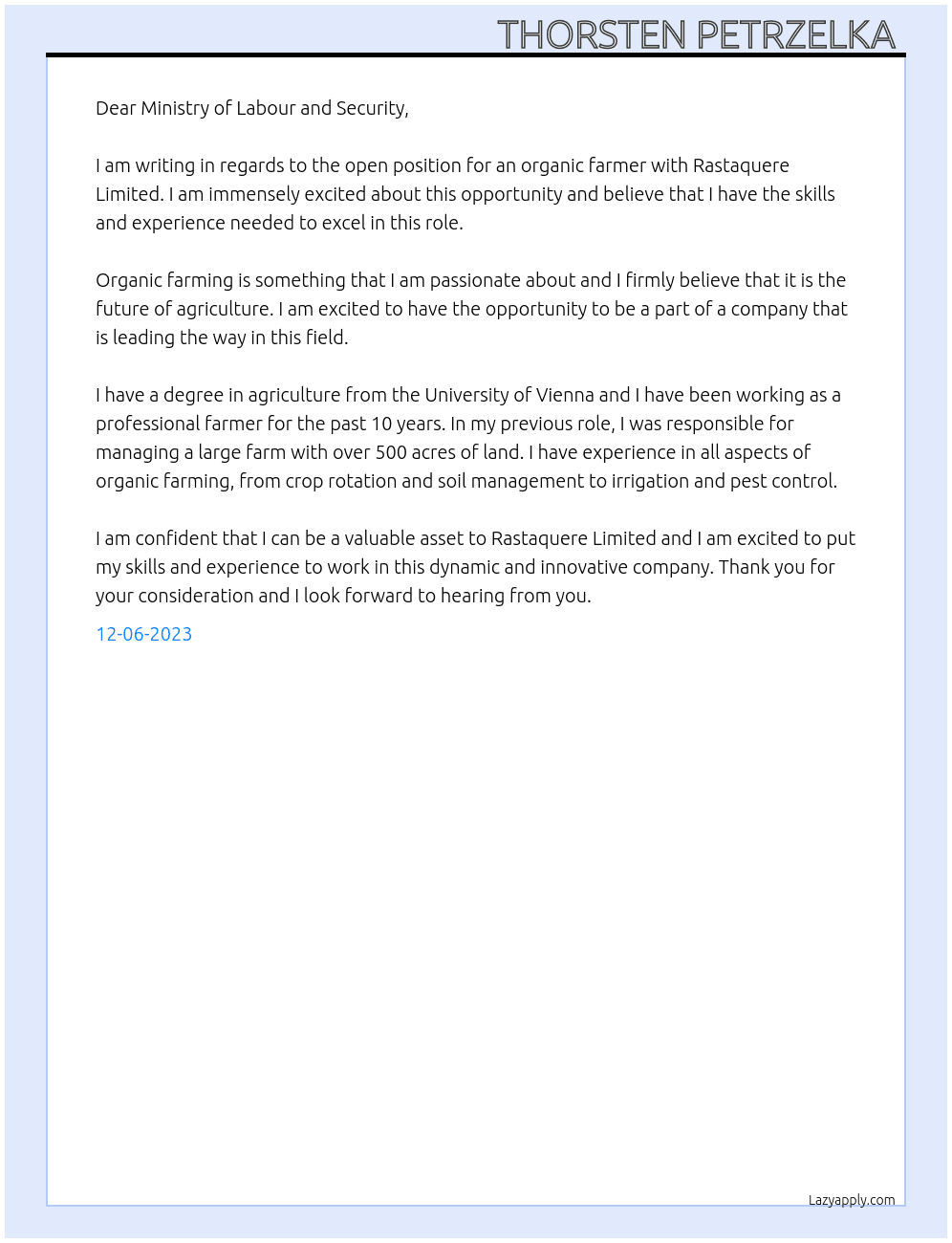Organic Farmer  At Rastaquere Limited  Cover Letter