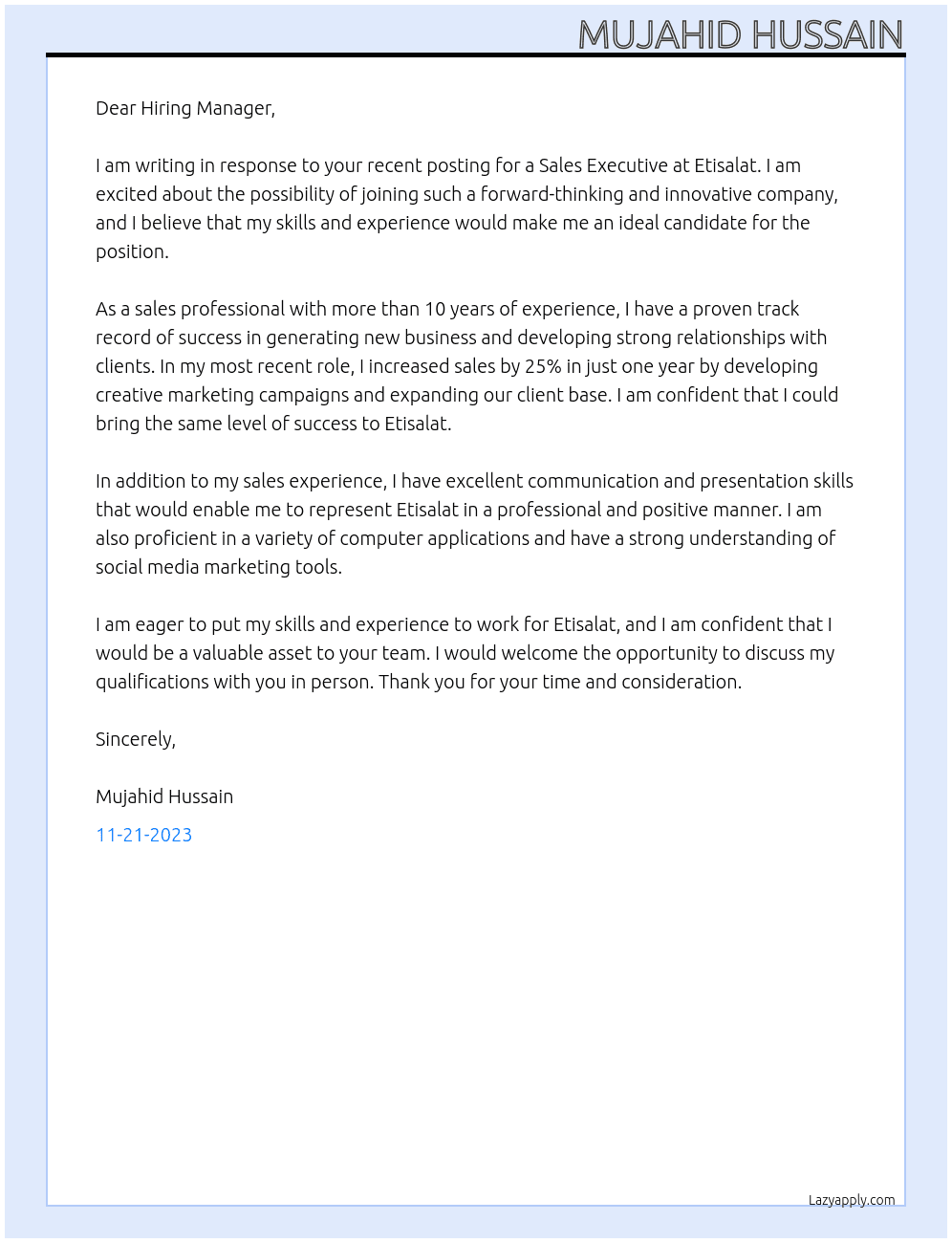 Sales executive At Etisalat Cover Letter