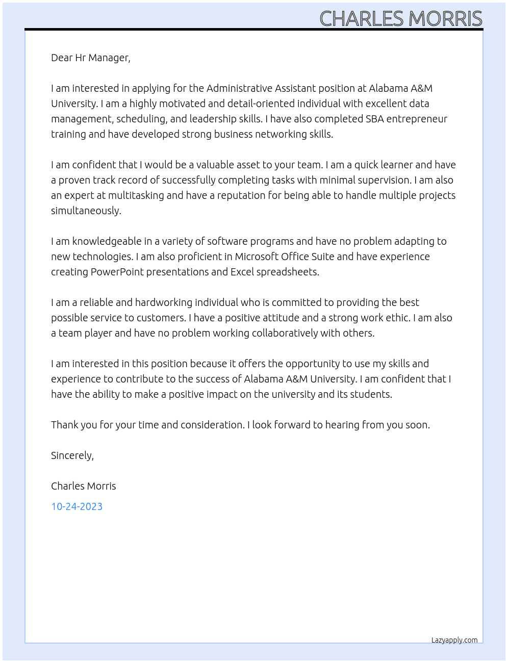 Administrative Assistant At Alabama A&M University Cover Letter