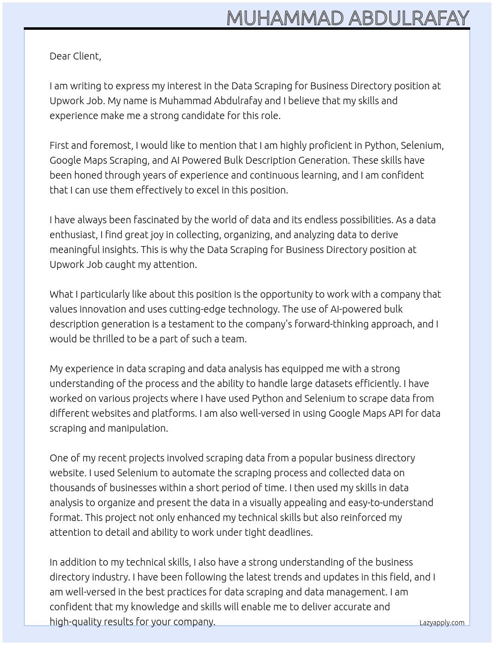 Data Scraping for Business Directory At Upwork Job Cover Letter