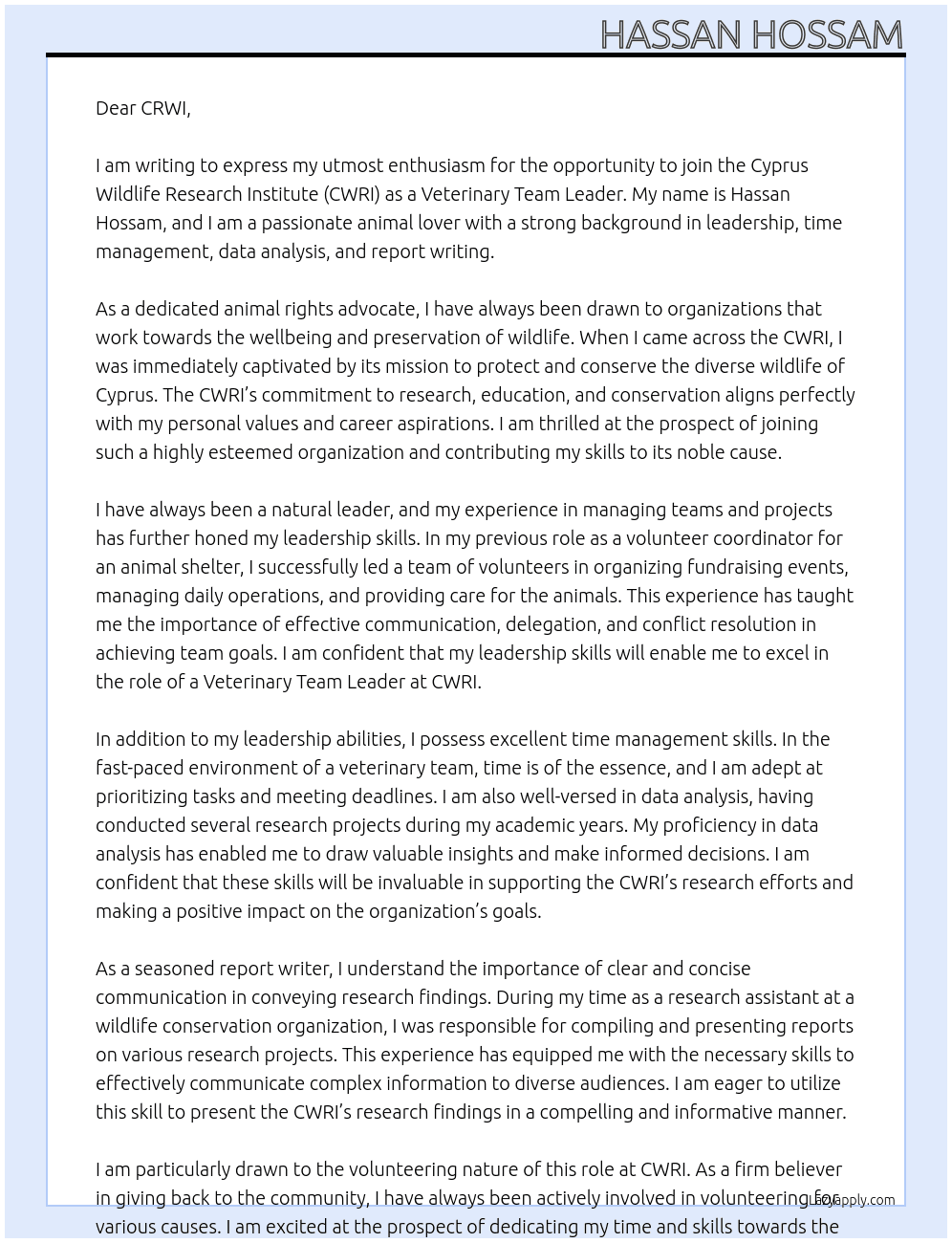 veterinary team leader At cyprus wild life research institute Cover Letter