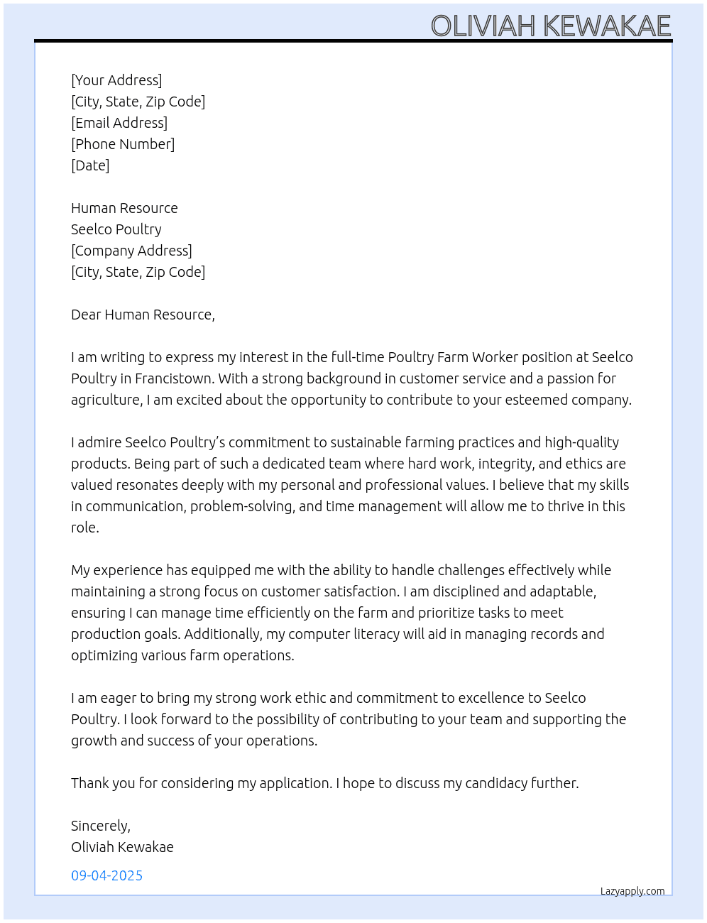 Poultry farm worker At Seelco Poultry Cover Letter