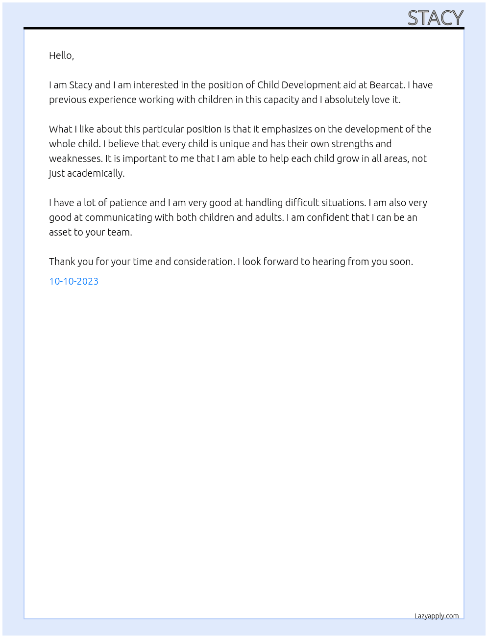 Child Development aid At Bearcat Cover Letter
