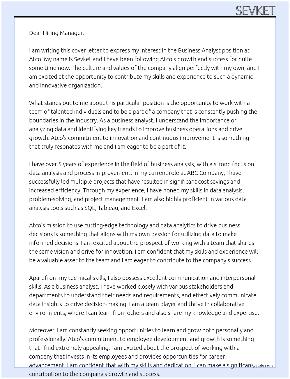 Business Analyst At Atco Cover Letter