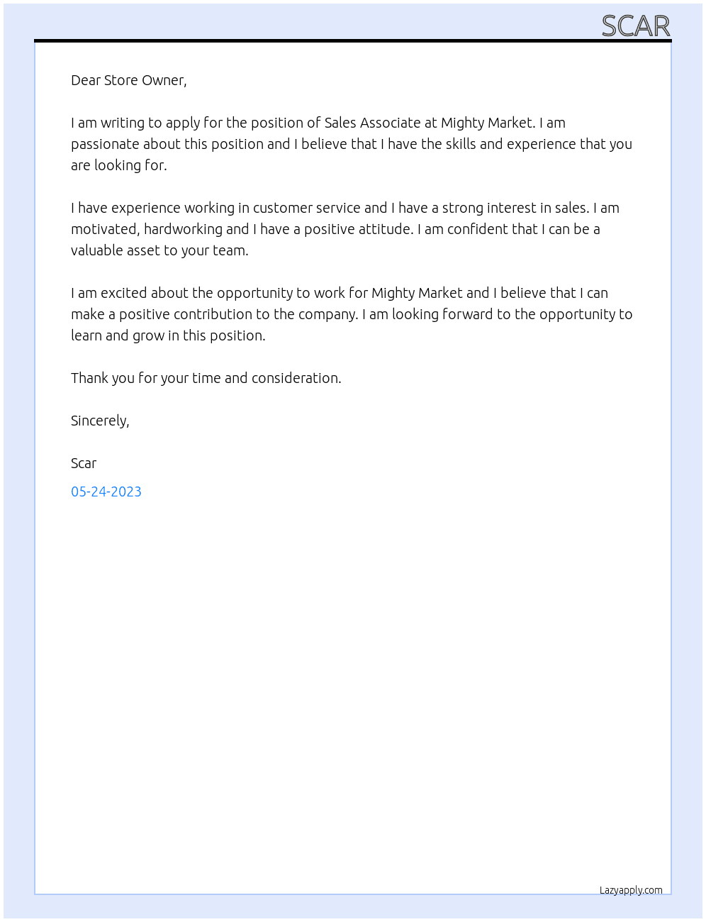 Sales Associate  At  Mighty Market Cover Letter