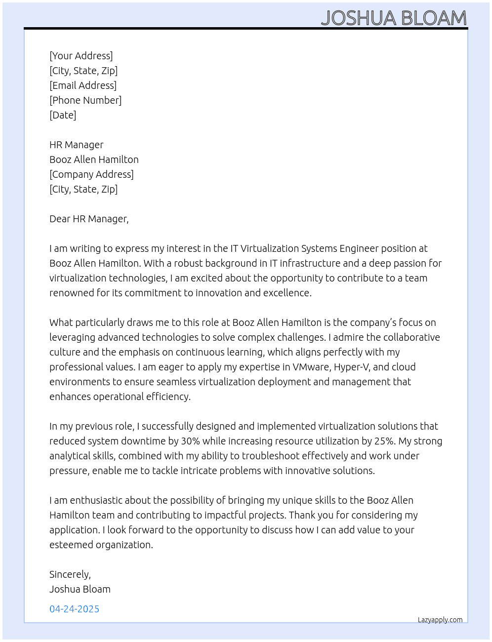 IT virtualization systems engineer At Booz Allen Hamilton Cover Letter
