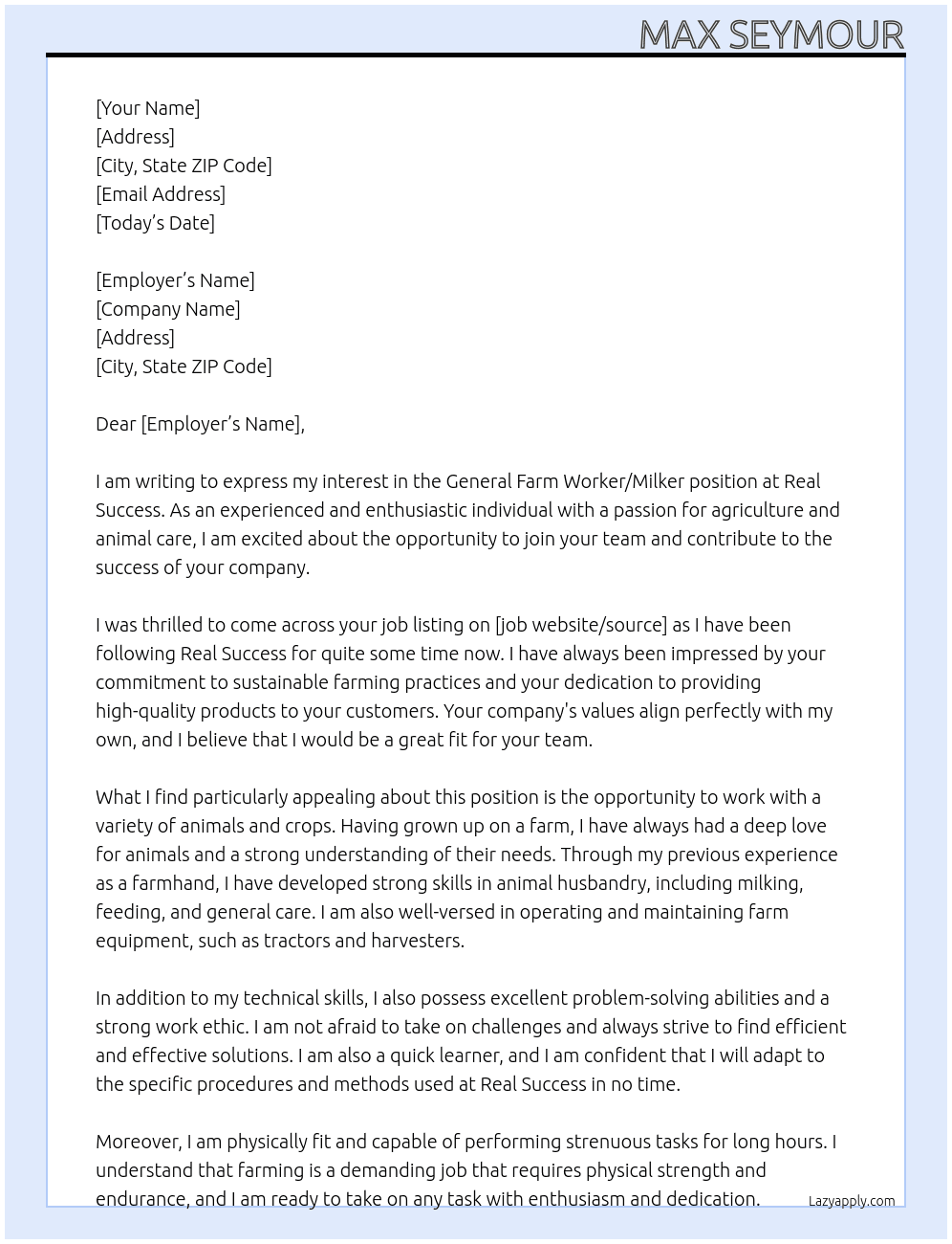 General Farm Worker/ Milker At Real success Cover Letter