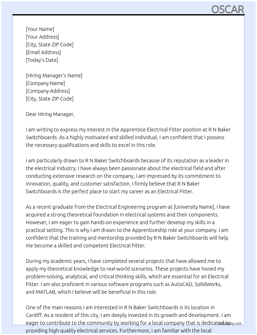 Apprentice Electrical Fitter At R N Baker Switchboards Cover Letter