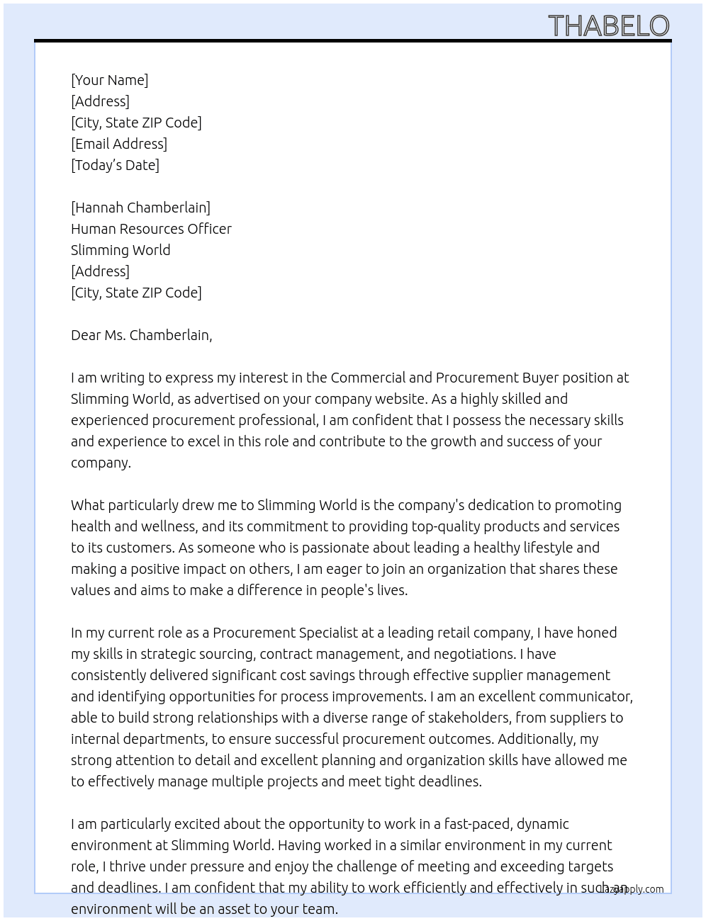 Commercial and Procurement Buyer At Slimming World Cover Letter
