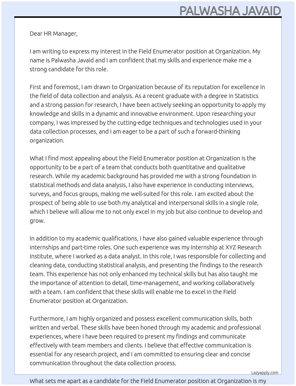 Field enumerator At Organization Cover Letter