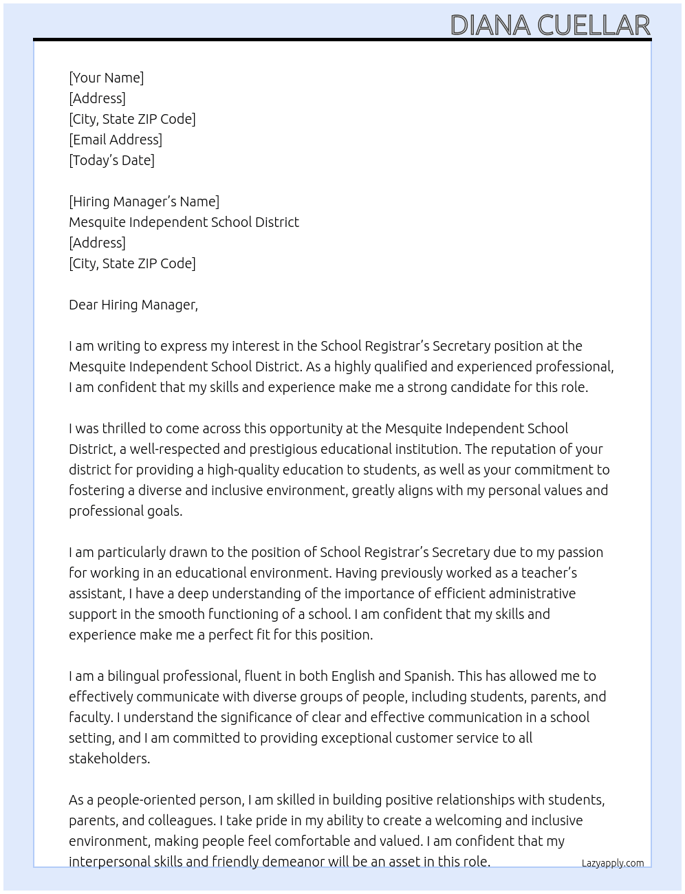 School Registrar’s Secretary  At Mesquite Independent School District  Cover Letter