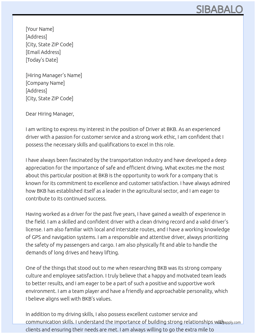Driver At BKB Cover Letter