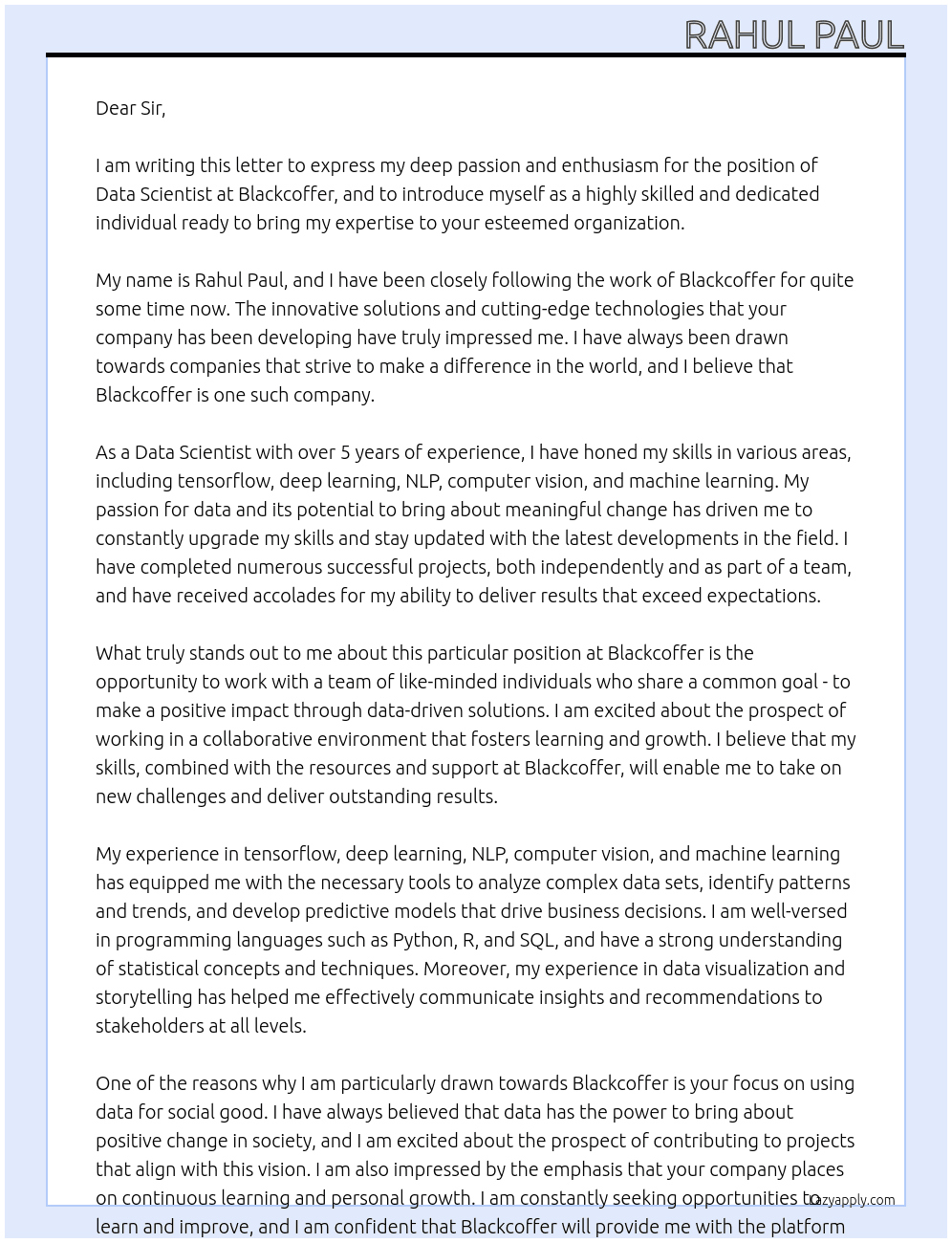 Data Scientist At Blackcoffer Cover Letter