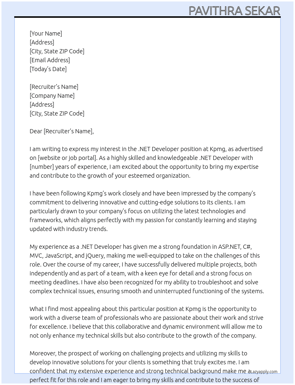 .net developer  At Kpmg Cover Letter