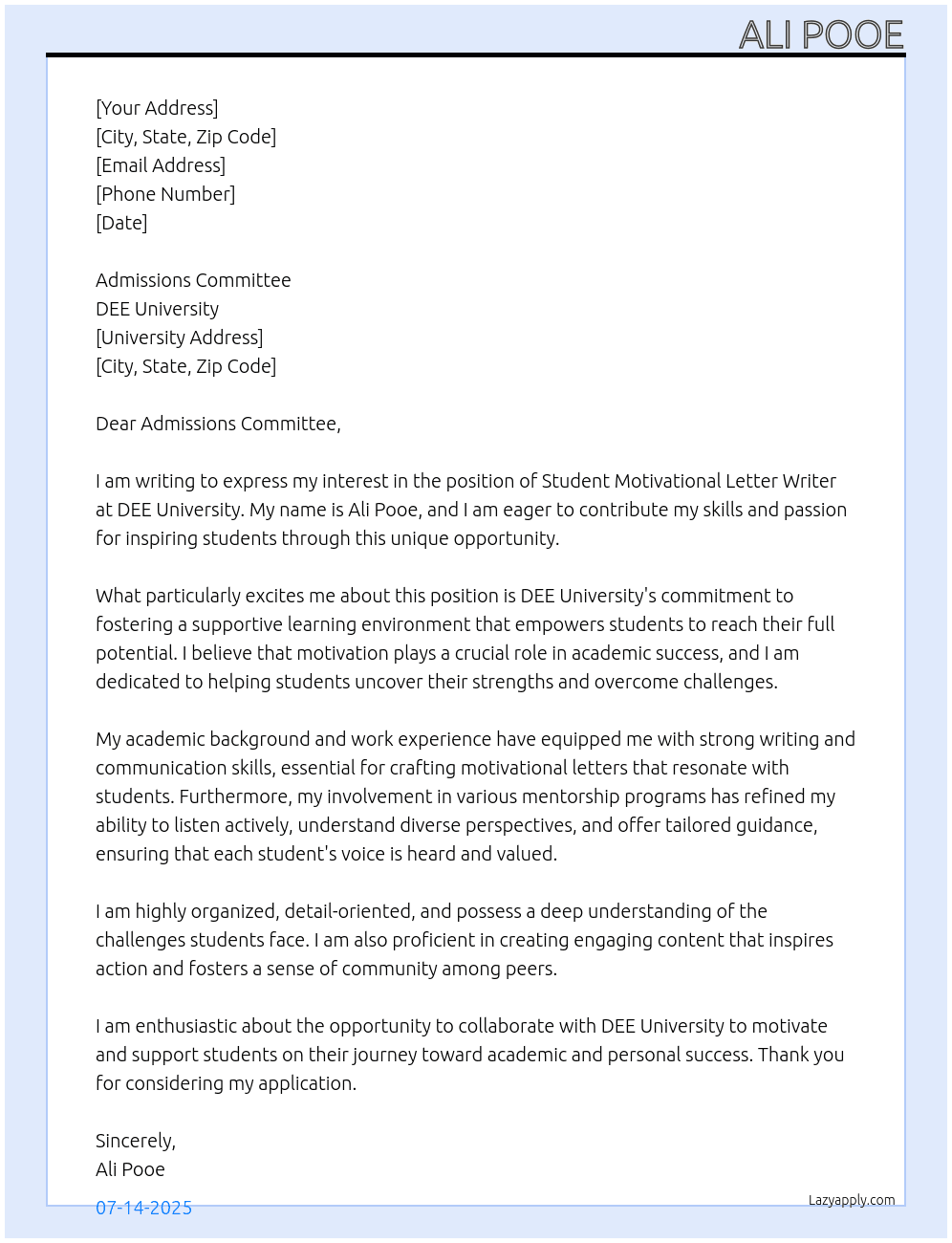 Student motivational letter at university  At DEE Cover Letter