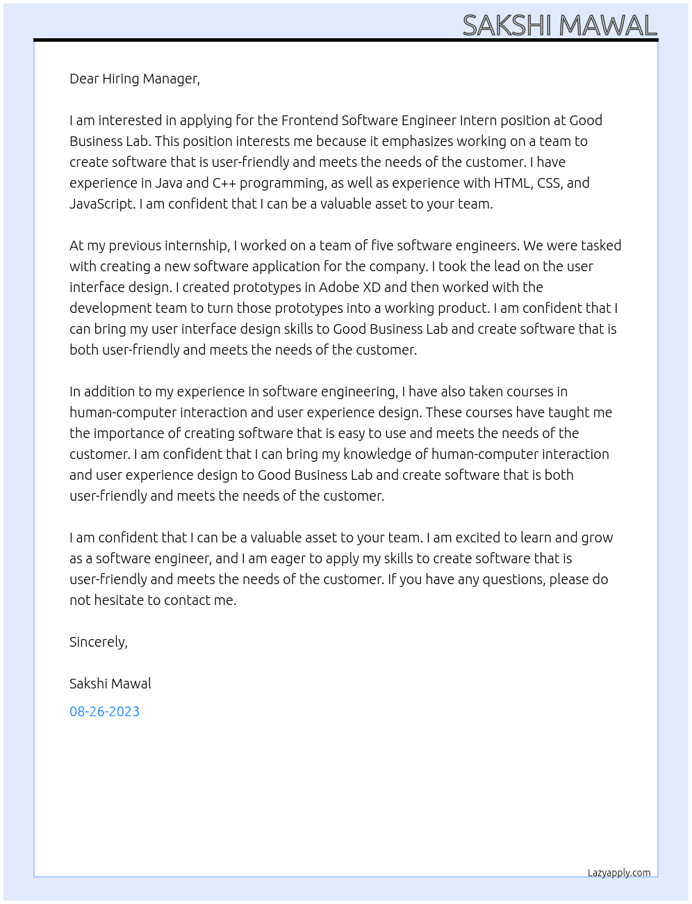 Frontend Software Engineer Intern At Good Business Lab Cover Letter
