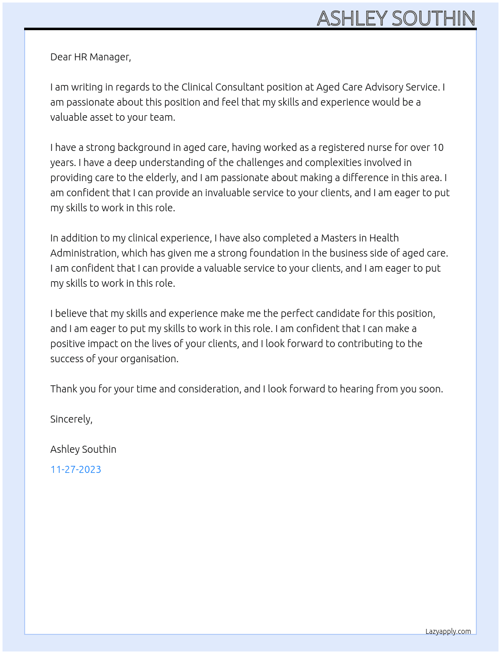 Clinical Consultant At Aged Care Advisory Service Cover Letter