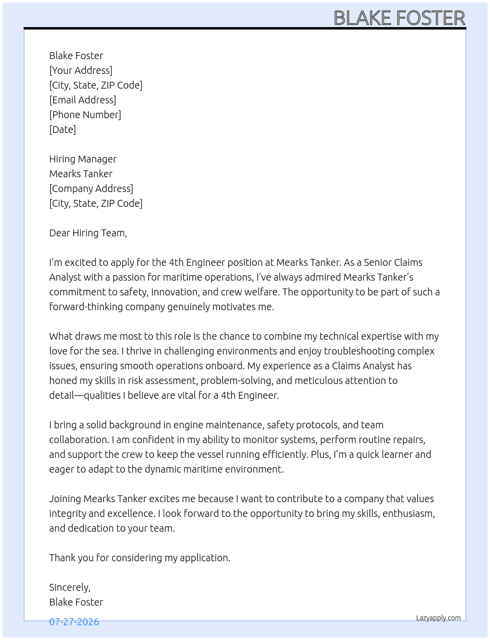 4th Engineer At Mearks Tanker Cover Letter