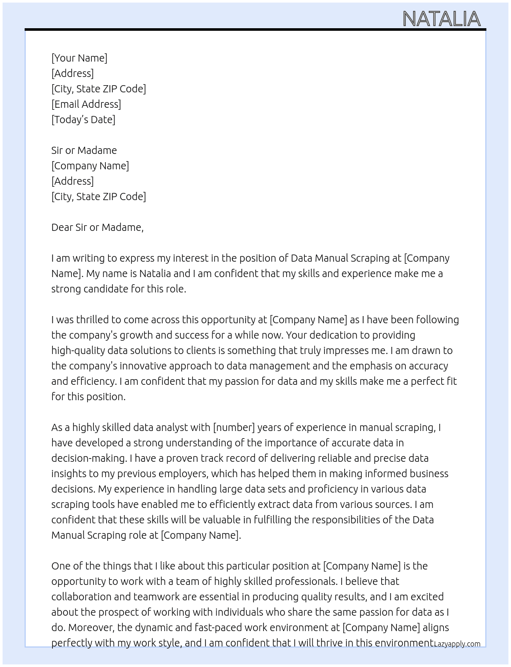Data Manual scraping  At Sir or Madame  Cover Letter