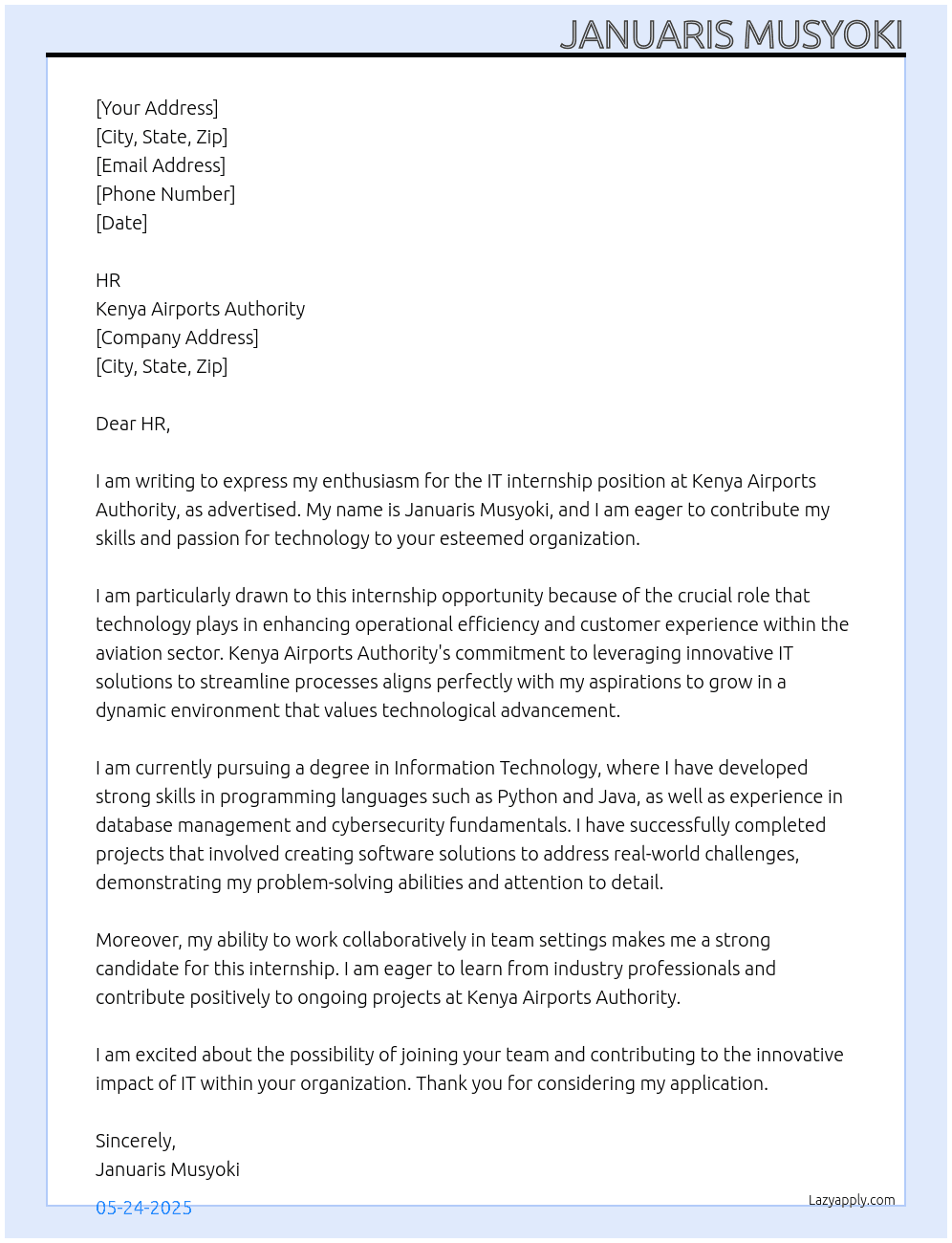 IT internship At Kenya Airports Authority Cover Letter