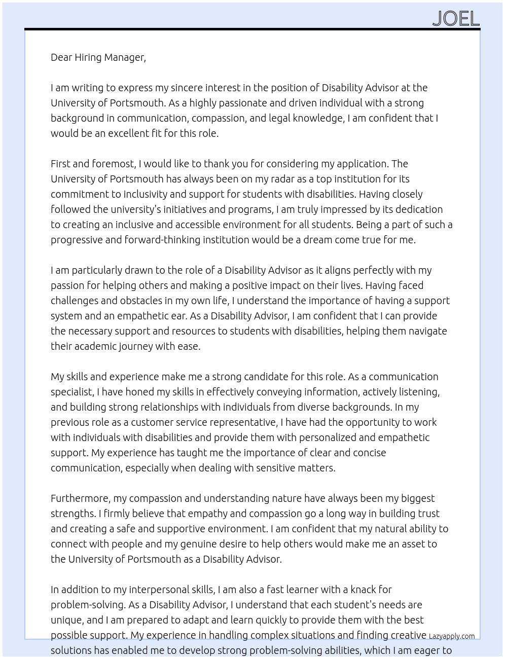Disabilty Advisor At University of Portsmouth Cover Letter