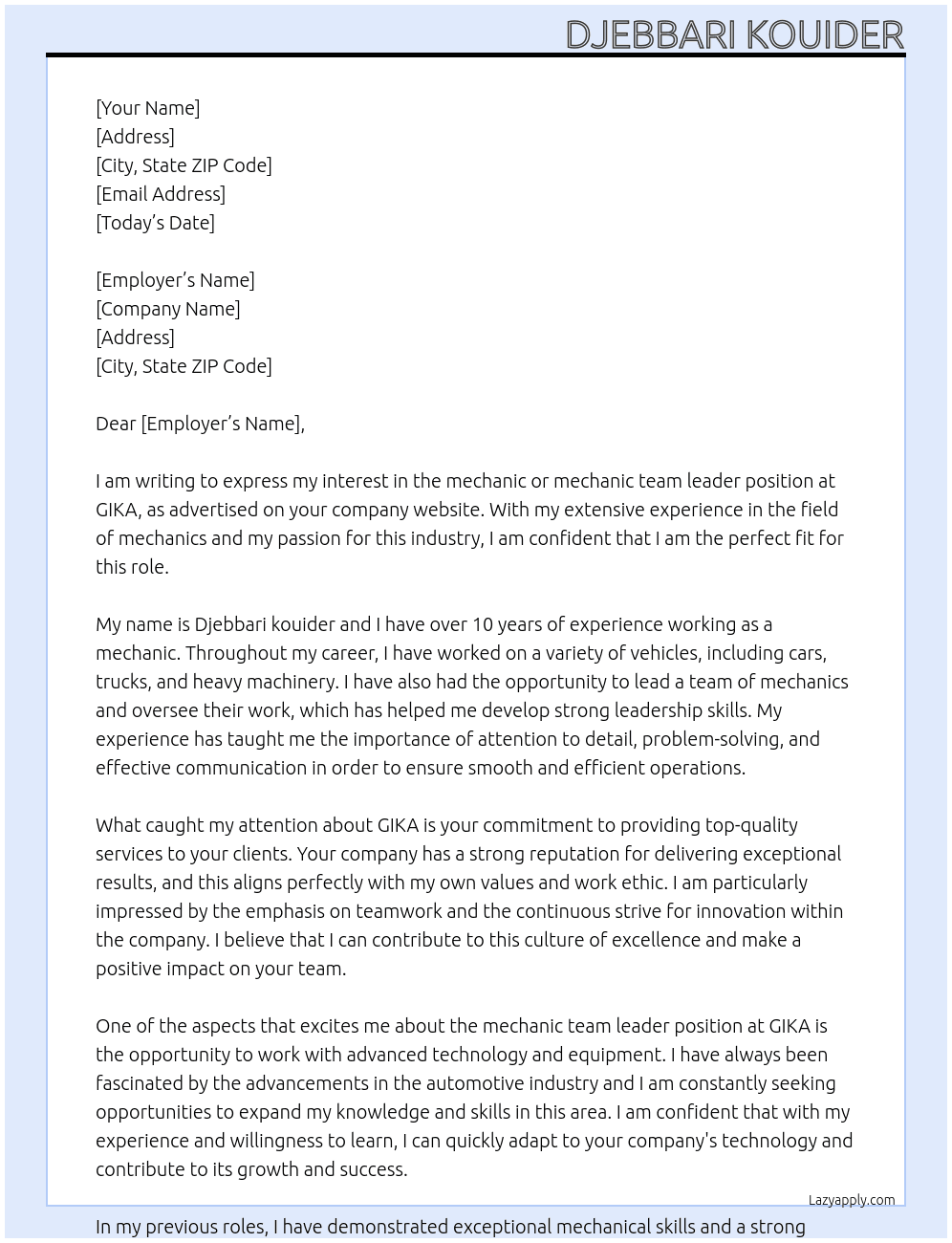 mechanic or mechanic team leader At GIKA Cover Letter
