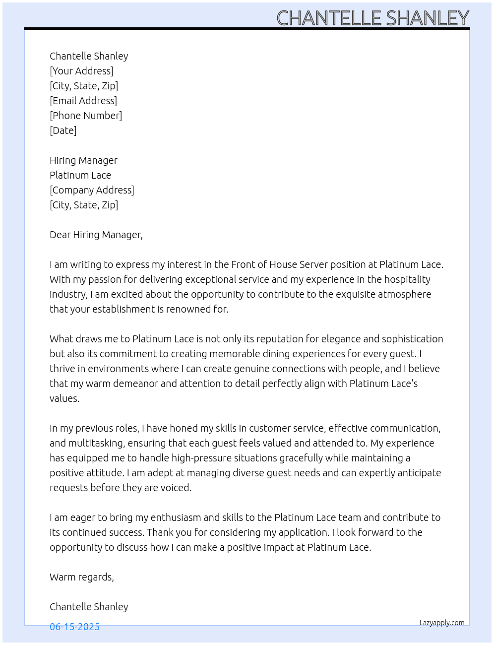 Front of house server At Platinum Lace Cover Letter