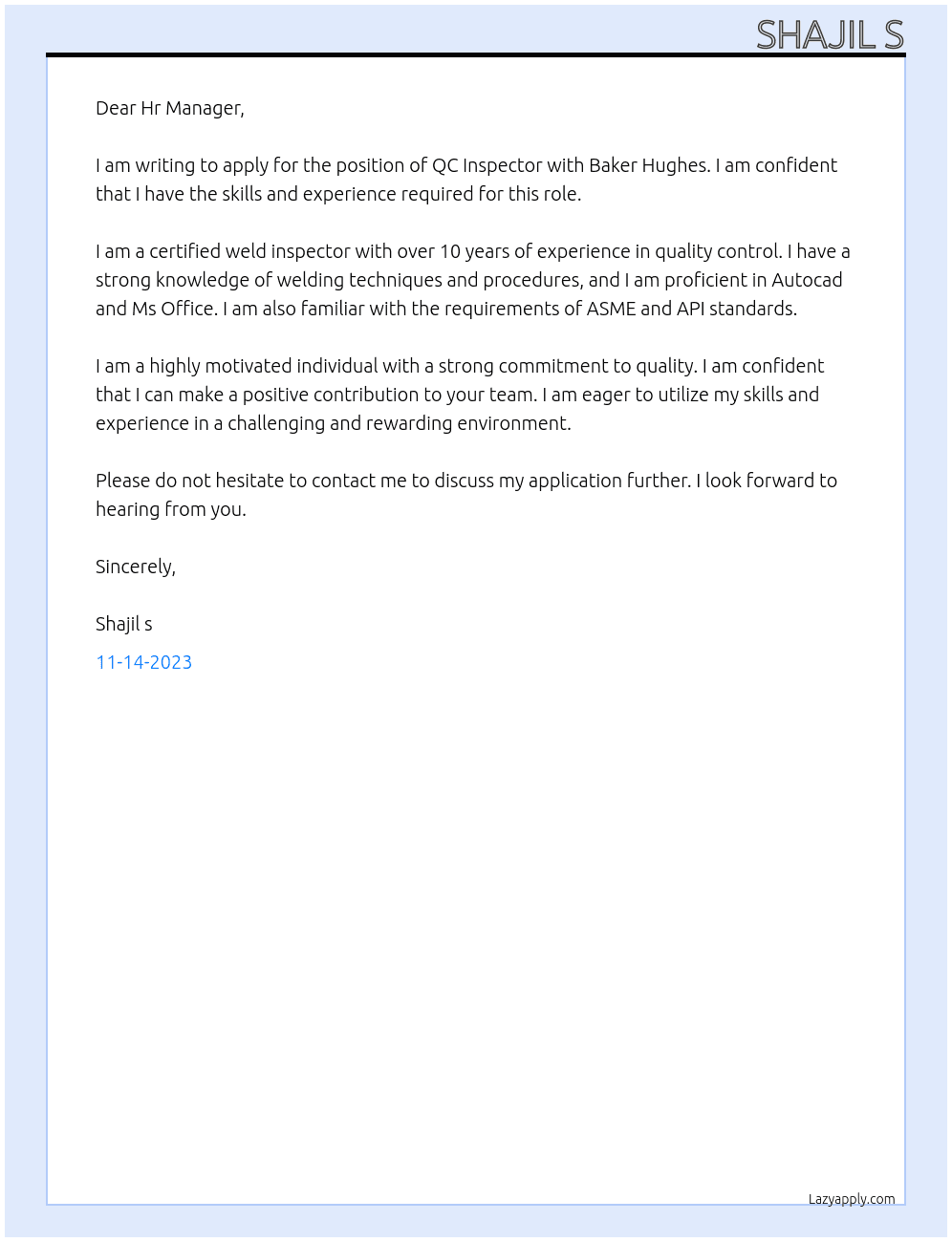 QC Inspector At Baker Hughes Cover Letter