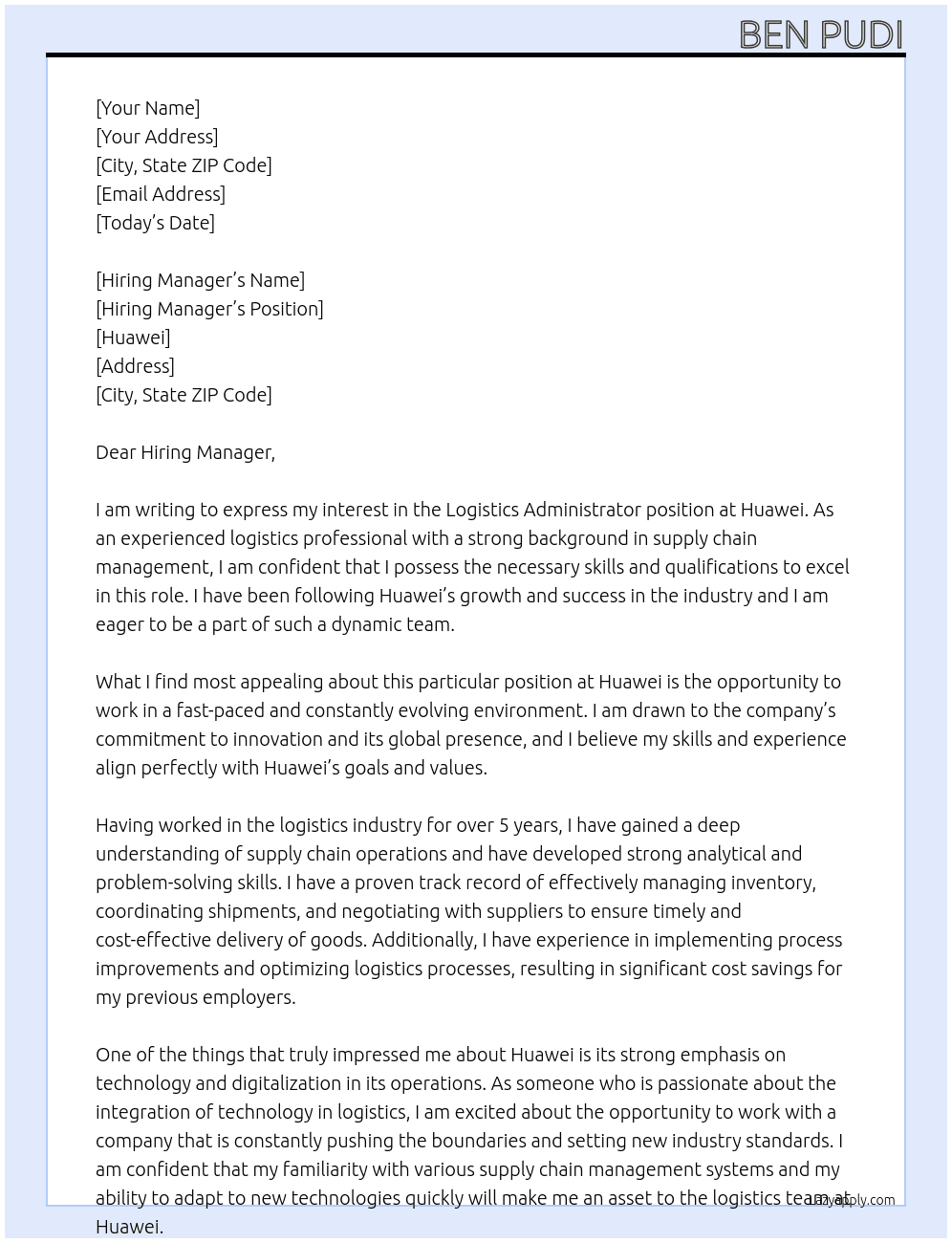 Logistics Administrator At Huawei  Cover Letter