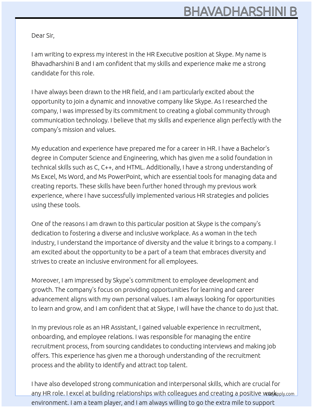 HR Executive  At Skype  Cover Letter